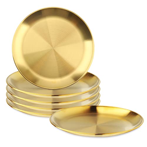 Edelstahlteller, 6 Stück 304 Edelstahl-Geschirr, 304 Speiseteller, Fütterung, Servieren, Campingteller, flache Teller für Zuhause, Kichten, Outdoor, Camping, Snack, Pizza und Grillen (Gold) von Nsmykhg