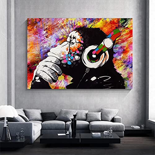 Banksy Street Art DJ Monkey Leinwand Gemälde Graffiti Kunst Abstraktes Poster und Drucke Wandkunst Bild für Wohnkultur (70x120cm) 28×47inch Rahmenlos von Nsodinevus