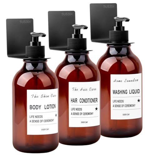 3er 500ml Seifenspender Wandbefestigung, Seifenspender Wand Ohne Bohren Kunststoff Spülmittelspender mit Wandhalterung für Küche Badezimmer Dusche mit 3X Edelstahl Wandhalterungen Aufkleber Schrauben von Nswayy