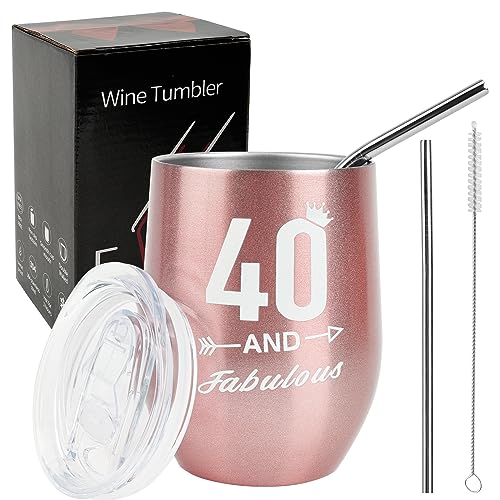 40 Geburtstag Frauen Weinbecher aus Edelstahl,Doppelwandigen Isolierte Vakuumisoliert Weinglas Reisekaffeetasse Geschenke für Frauen 40 geburtstag Weinbecher mit Deckel 2x Stroh und Reinigungsbürste von Nswayy