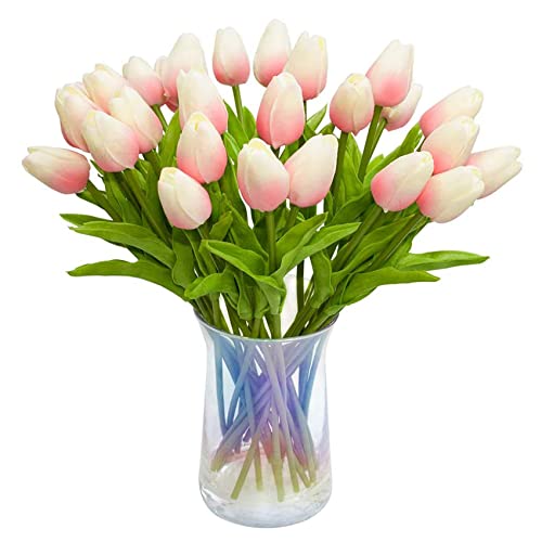 Ntcpefy Künstliche Tulpen, fühlen sich echt an, , PU-Blumenstrauß, Weiß, 30 Stück (hellrosa) von Ntcpefy