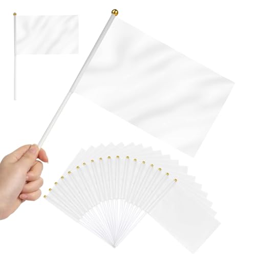 Weiße Mini-Flagge, 20 Stück Kleine Leere Handflaggen, Rein Weiße Fahne 21 x 14 cm, mit Stange und Speerspitze, Flagge selbst gestalten, für Sportveranstaltungen, Feierlichkeiten und Party von Ntwdby
