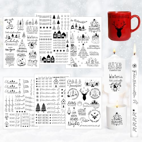 6 Stück Kerzentattoo Weihnachten, A5 Kerzen Tattoo Folie Advent, Kerzentattoos Wassertransferdruck, Wasserschiebefolie Kerzen Tattoo, für Adventskerzen, Tasse, Keramik (B) von Ntwdby