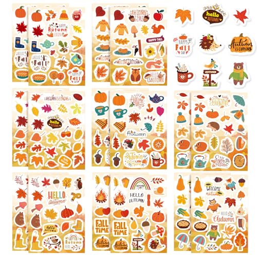 Herbst Aufkleber für Kinder, 16 Stück Herbst Sticker mit Kürbis, Ahornblatt Und Igel Mustern, für Scrapbooking Und Karte Zum Basteln, Herbstdeko Aufkleber für Thanksgiving Und Herbstfest von Ntwdby