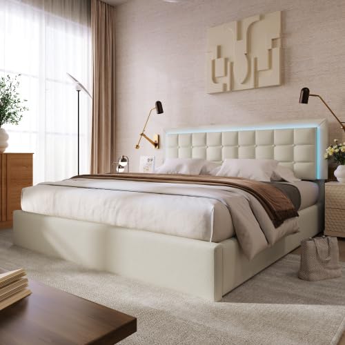 Ntxplora 180x200 cm Modernes Polsterbett mit LED-Beleuchtung und Stauraum Inklusive Lattenrost und Bettgestell mit weißem Kunstlederbezug für Doppelbetten von Ntxplora