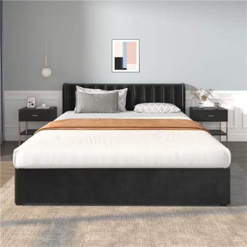 Ntxplora Doppelbett 180x200 cm Komfortables hautfreundliches Samt-Polsterbett mit Lattenrost und Rückenlehne inklusive 2 geräumigen Schubladen Geeignet für Erwachsene Jugendliche (Schwarz) von Ntxplora