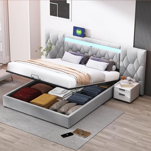 Ntxplora Elegantes Polsterbett 180x200 mit großer Rückenlehne, Samtbett mit LED und USB-Steckdose, hydraulisches Stauraumsystem, Bett Classic Grau von Ntxplora