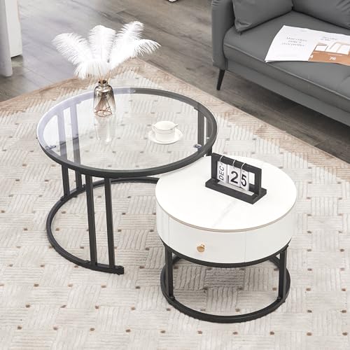 Ntxplora Elegantes zweiteiliges weißes Couchtisch-Set - Glas, Marmor-Schieferplatte und Massivholzschubladen von Ntxplora