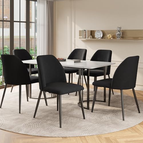 Ntxplora Essgruppe (7-TLG),140x80cm Esstisch mit 6 Stühlen Set, Moderner Küchentisch Set,MDF Tischplatte in Weißer, Esszimmerstühle in modernem Design mit Rückenlehne(Schwarze Esszimmerstühle) von Ntxplora