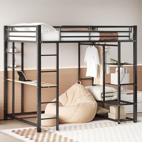 Ntxplora Metall-Hochbett mit Leiter 140 * 200 cm, Juniorbett Doppelbett mit Tisch mit einfachen Kleiderbügeln mit Ablagefächern, Schwarz von Ntxplora