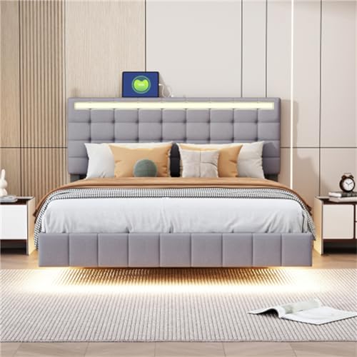 Ntxplora Modernes Doppelbett Gästebett 140 x 200 cm Polsterbett Mit Led-Leuchten Und Kopfteil-Design Schwebebettrahmen In Leinen Grau Hautfreundlich & Stilvoll von Ntxplora