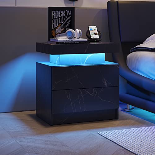 Ntxplora Nightstand LED Bedside Table Cabinet Lights Modern End Side with 2 Drawers for Bedroom (Black Gold) von Ntxplora