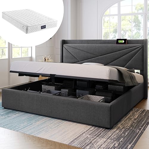 Ntxplora Polsterbett Doppelbett Stauraum Bettkasten mit USB Typ C Ladefunktion Kopfteil,Stauraumbetten Bettgestell aus Leinenmaterial Jugendbett 160x200 mit lattenrost(Mit Matratze) von Ntxplora