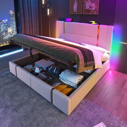 Ntxplora Polsterbett Doppelbett USB Type C Ladefunktion APP-Control LED 140×200 Stauraumbetten Bettgestell, Lattenrost aus Holz,Beige Leinenmaterial (Ohne Matratze) von Ntxplora