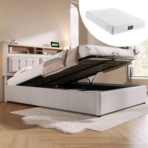 Ntxplora Polsterbett Doppelbett mit USB C Steckdose Ladefunktion Kopfteil,Stauraumbetten Bettgestell aus Leinenmaterial Jugendbett 140x200 mit lattenrost(Mit Matratze) von Ntxplora