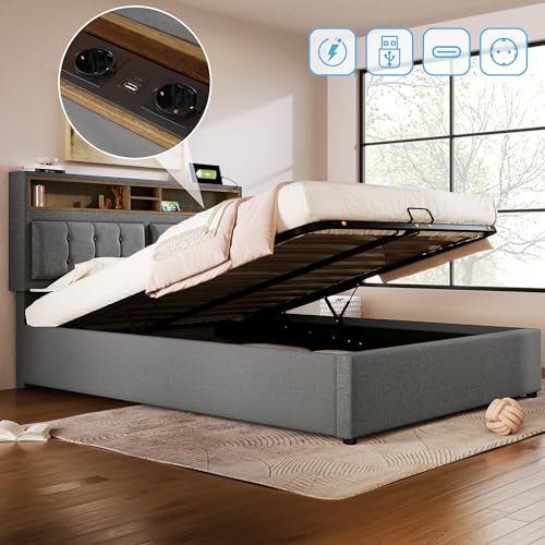 Ntxplora Polsterbett Doppelbett mit USB C Steckdose Ladefunktion Kopfteil,Stauraumbetten Bettgestell aus Leinenmaterial Jugendbett 140x200 mit lattenrost(Ohne Matratze) von Ntxplora
