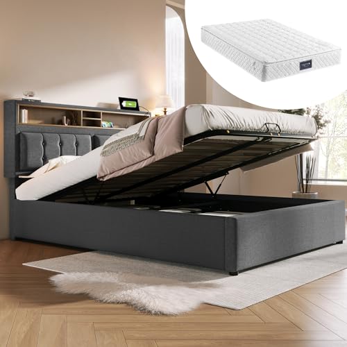 Ntxplora Polsterbett Doppelbett mit USB C Steckdose Ladefunktion Kopfteil,Stauraumbetten Bettgestell aus Leinenmaterial Jugendbett 160x200 mit lattenrost(Mit Matratze) von Ntxplora