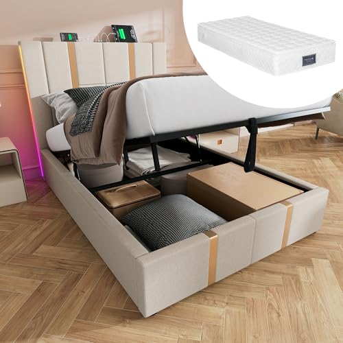 Ntxplora Polsterbett USB Type C Ladefunktion APP-Control LED Einzelbett 90×200 Stauraumbetten Bettgestell, Lattenrost aus Holz,Beige Leinenmaterial (Mit Matratze) von Ntxplora