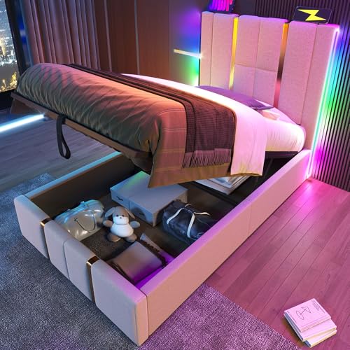 Ntxplora Polsterbett USB Type C Ladefunktion APP-Control LED Einzelbett 90×200 Stauraumbetten Bettgestell, Lattenrost aus Holz,Beige Leinenmaterial (Ohne Matratze) von Ntxplora