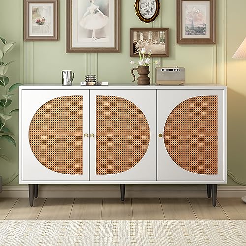 Ntxplora Sideboard mit 3 Rattan verzierten Türen Kommode Highboard mit Metallgriffe, für Schlafzimmer & Wohnräume & Büro, Weiß,129.8X 40x 76cm von Ntxplora