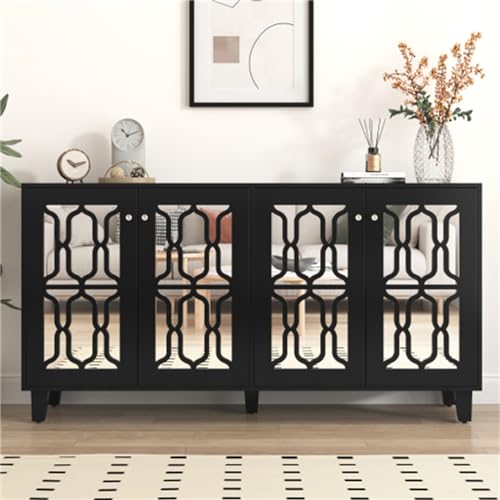 Ntxplora Verspiegeltes Esszimmer-Sideboard Mit Coolen Kristallgriffen Und Vier Türen Für Wohn- Und Esszimmer. Schlichte Schlichtheit In Reinen Farben, 160 X 40 X 84 cm(Color:schwarz) von Ntxplora