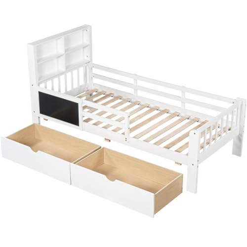 Ntxplora Weißes Holzbett (90 * 200 cm), das Bett kann mit kindlicher Tafel und einem Schubladenspeicherraum gelagert Werden. von Ntxplora