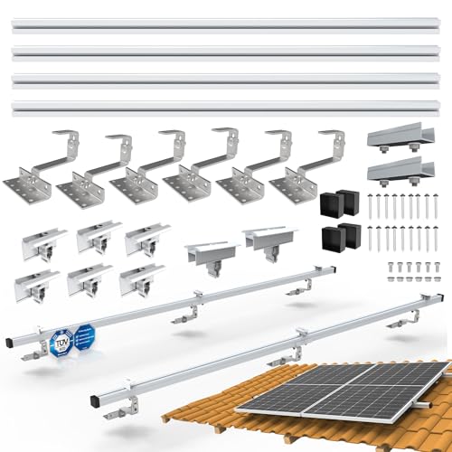NuaSol PV Photovoltaik 2er Montage Set Ziegeldach Befestigung Schiene Dachhaken - inkl.Solar Aluprofil ,Endkappen , 35 mm Endklammern , bis 115 cm Breite pro Modul und 35 mm Höhe,Silber von NuaSol