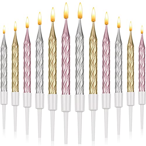 Nuanchu 60 Stücke Gold Geburtstagskerzen Metallisch Gold Kerzen für Geburtstagstorten Kurze Dünne Geburtstagskerzen für Cupcakes Spiral Kuchen Cupcake Kerzen in Haltern (Gold, Silber, Roségold) von Nuanchu