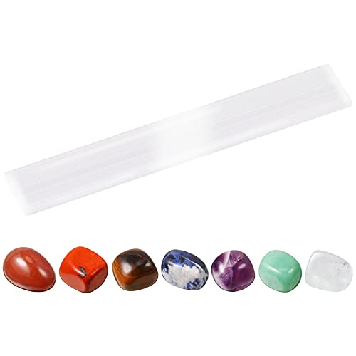 Nuanchu 8 Zoll Lang Selenitstab, Meditation Trommel Steinen, Selenit Stab mit 7 Chakra Trommel Steinen, Reiki aus Weißem Stein, Chakra, Schutzgitter, Positive Energie von Nuanchu