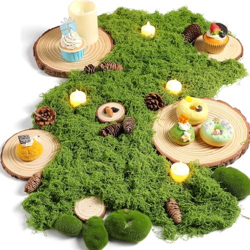 Nuanchu Holz-Tischaufsätze mit rustikalen Holzscheiben und künstlichem grünem Moos für Holzfeen, Hochzeiten, Waldtischdekoration, ideal zum Basteln (6,1 - 7,1 cm, 13,9 - 14,9 cm, 20,9 - 23,9 cm) von Nuanchu