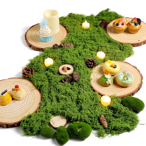 Nuanchu Tischaufsätze aus Holz mit rustikalen Holzscheiben und künstlichem grünem Moos für Holzfeen, Hochzeiten, Waldtischdekoration, ideal zum Basteln (20 - 23 cm), 11 Stück von Nuanchu