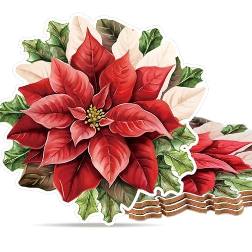 Nuanchu Weihnachtsstern-Platzsets aus Kork, 4 Stück, Winter-Weihnachtsdekoration, Innenbereich, Weihnachtsmotiv, Aquarell, Weihnachtsstern, Tischsets für Party, Küche, Urlaub, Essen von Nuanchu