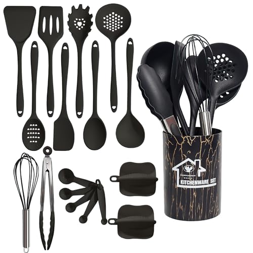 18 Stück Küchenhelfer Set,Silikon Küchenhelfer Set,Kochutensilien Kochbesteck Set mit Non-stick Heat-Resistant Silicone Kitchen Utensils. (schwarz) von Nuangoo