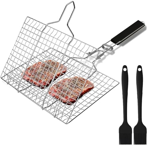 Nuangoo Grillkorb Edelstahl-Grillkorb mit 2 Silikonbürste Grillkorb Fischbräter Set Faltbarer Grillkorb mit Abnehmbarem Griff Geeignet zum Grillen im Freien von Nuangoo