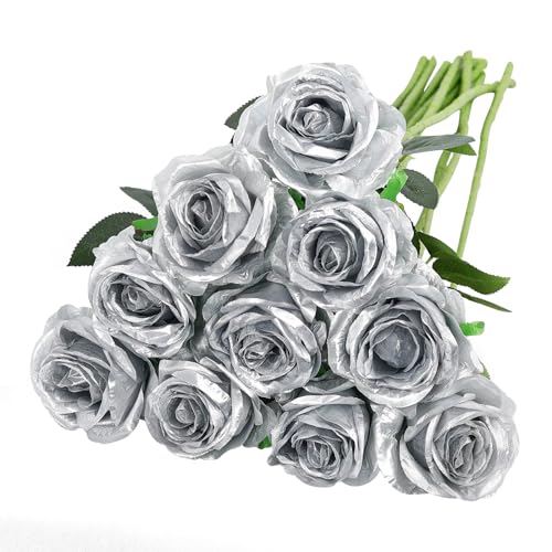 Nubry Künstliche Seidenrosen, Blumenstrauß, lebensecht, für Hochzeit, Zuhause, Party, Dekoration, Event, Geschenk, 10 Stück (Silber) von Nubry