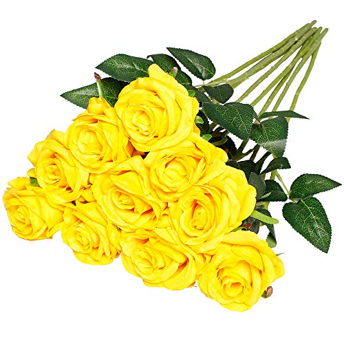 Nubry künstliche Seidenrose Blume einzigen Stiel lebensechte gefälschte Rose für Hochzeit Blumenstrauß Blumenarrangements Home Party Centerpiece Dekoration, 10pcs (gelb) von Nubry