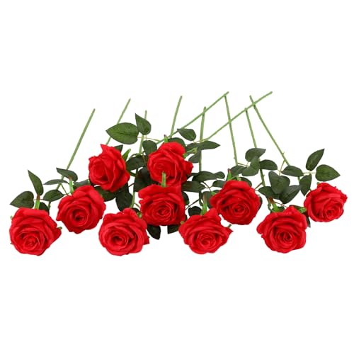 Nubry künstliche Seidenrose Blume einzigen Stiel lebensechte gefälschte Rose für Hochzeit Blumenstrauß Blumenarrangements Home Party Centerpiece Dekoration, 10pcs (rot) von Nubry
