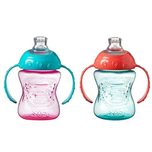 Nuby Grip N Sip Trainingstasse mit Griff, weicher, auslaufsicherer Ausguss, 240 ml, geeignet ab 4 Monaten (2er-Pack, rosa/orange) von Nuby