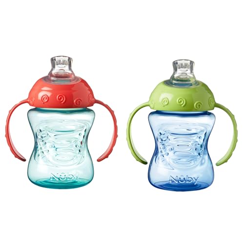 Nuby Grip N Sip Trainingstasse mit Griff — weicher, auslaufsicherer Ausguss — 240 ml — geeignet ab 4 Monaten (2er-Pack, blau/grün) von Nuby