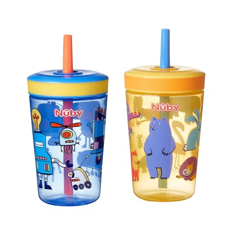 Nuby Sip It Swirler Becher für Kleinkinder, mit 360°-Trinkhalm, auslaufsicher, 420 ml, geeignet ab 18 Monaten, 2 Stück, Blau und Gelb von Nuby