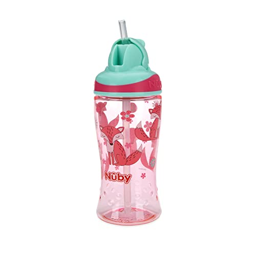 Nuby Thirsty Kids Boost-Becher mit dünnem, weichem Strohhalm, kein Verschütten, 18+ Monate, 1 Packung (Flower Fox Pink) von Nuby