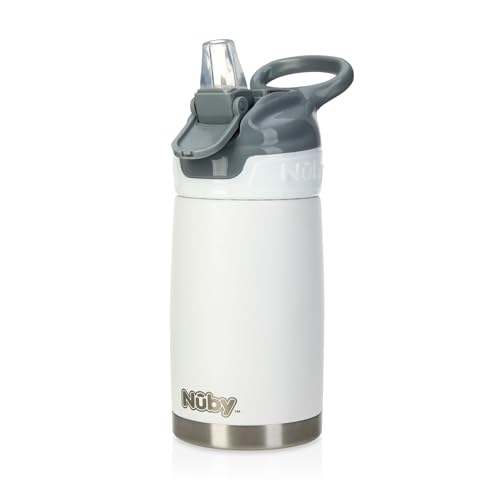 Nuby – Thirsty Kids – Flip-It Reflex Edelstahlflasche für unterwegs – Auslaufsicherer Babybecher mit sicherem Verschluss und Thermodesign – 300 ml Reiseflasche für Kinder – Babybecher in Weiß von Nuby