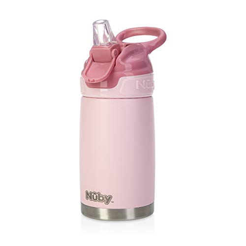 Nuby – Thirsty Kids – Flip-It Reflex Edelstahlflasche für unterwegs – Auslaufsicherer Babybecher mit sicherem Verschluss und Thermodesign – 300 ml Reiseflasche für Kinder – Babybecher in Rosa von Nuby