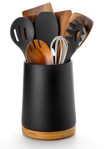 Nucookery 360° drehbarer Utensilienhalter, 20,8 cm, extra hoch, groß, Keramik-Küchenutensilienhalter mit Arbeitsplattenschutz, Korkboden, Bauernhaus-Küchendekoration für Theke (Steinschwarz) von Nucookery