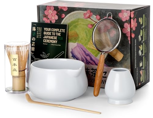Nucookery Matcha-Set – 5-teiliges Matcha-Schneebesen-Set, 530 ml Matcha-Schüssel (Chawan) mit Ausgießer, Matcha-Schneebesen (Chasen) und Halter, Bambus-Matcha-Schaufel und Sieb, Matcha-Kit/Werkzeuge von Nucookery