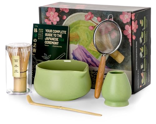 Nucookery Matcha-Set – 5-teiliges Matcha-Schneebesen-Set, 530 ml Matcha-Schüssel (Chawan) mit Ausgießer, Matcha-Schneebesen (Chasen) und Halter, Bambus-Matcha-Schaufel und Sieb, Matcha-Kit/Werkzeuge von Nucookery