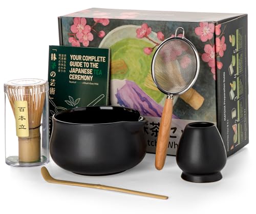 Nucookery Matcha-Set – 5-teiliges Matcha-Schneebesen-Set, 530 ml Matcha-Schüssel (Chawan) mit Ausgießer, Matcha-Schneebesen (Chasen) und Halter, Bambus-Matcha-Schaufel und Sieb, Matcha-Kit/Werkzeuge von Nucookery