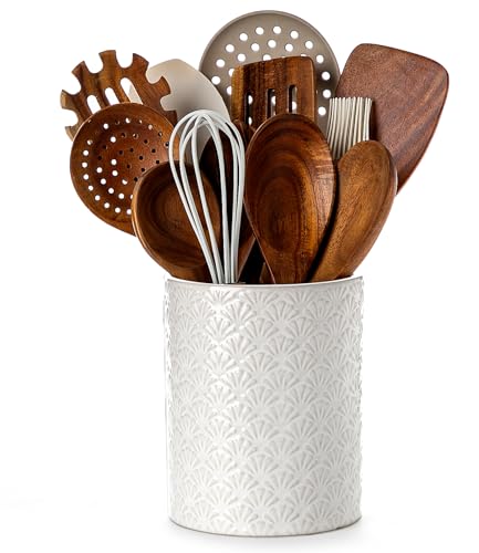 Nucookery Utensilienhalter aus Keramik, 16,4 cm – Küchenutensilienhalter für die Küchentheke, große Kapazität, Küchenutensilien-Organizer im Bauernhaus-Stil, für Löffel, Spatel und Kochutensilien von Nucookery