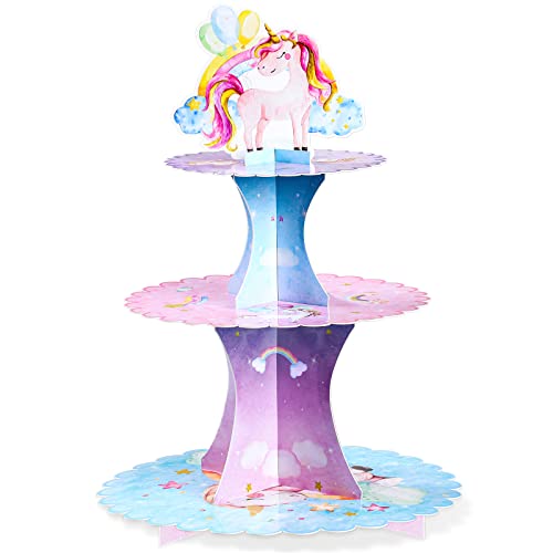 3 Etagen Einhorn Cupcake Ständer Aquarell Einhorn Karton Cupcake Halter Rosa Mädchen Party Dessert Turm Regenbogen Leckereien Ständer für Kinder Geburtstag Dekoration Baby Party Zubehör von Nuenen