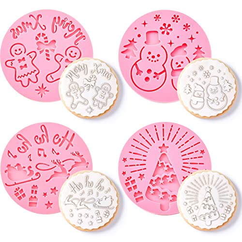 4 Stück Merry Christmas Plätzchen Stempel Rosa Keks Stempel Acryl Weihnachten Fondant Präger Zuckerguss Ausstechformen Schneemänner Gebäck Form Kuchen Deko Backen Werkzeuge für Cupcake von Nuenen